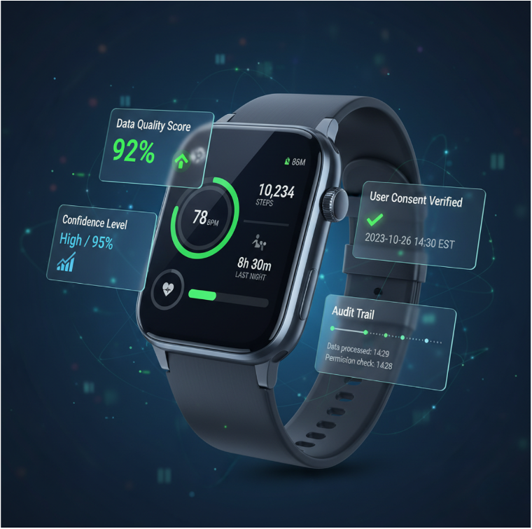 High-tech smartwatch showing health intelligence data and scores